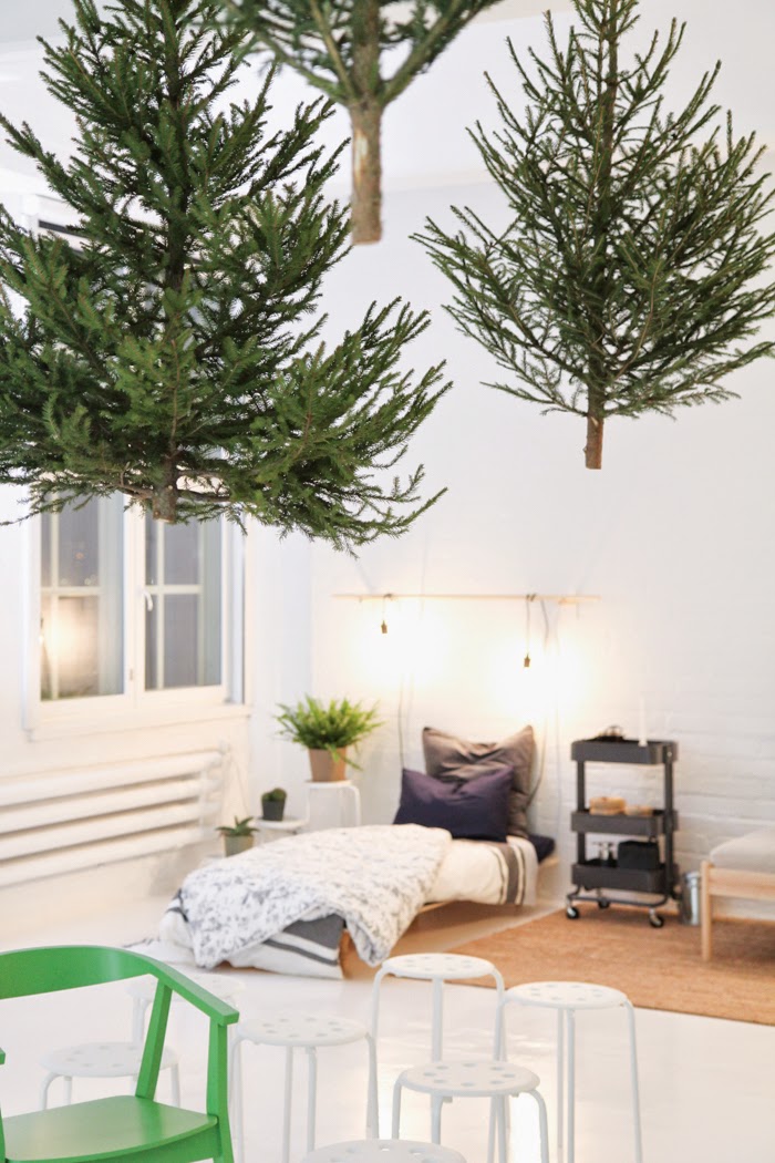 ikea press event, christmas trees hanging,