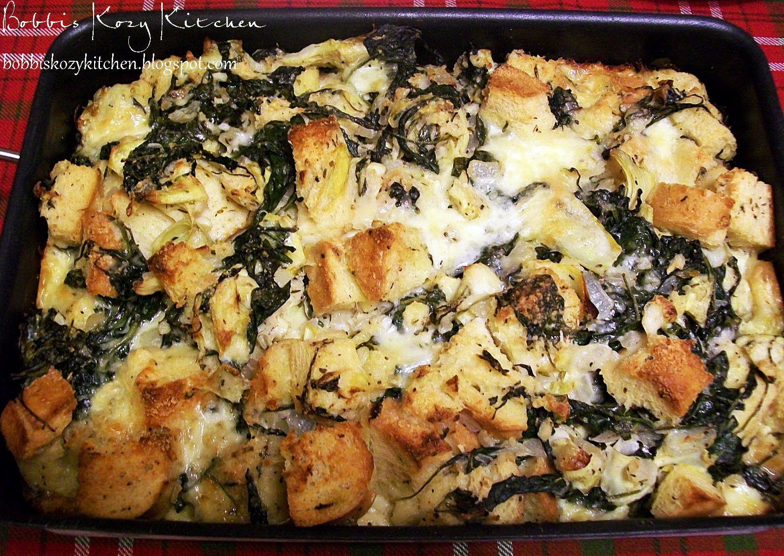 Savory Bread Pudding with Spinach, Artichoke, and Brie Bobbi's Kozy