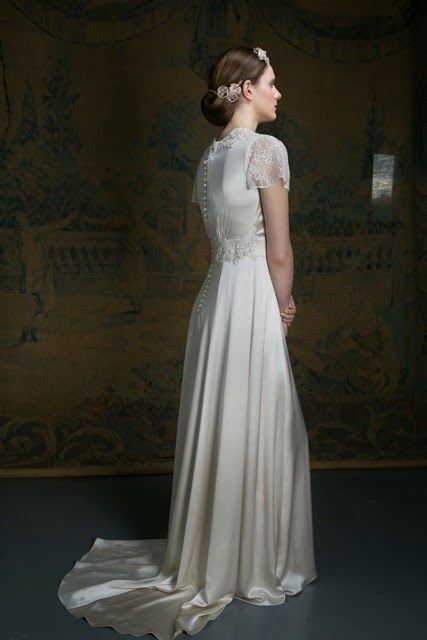 1940s style wedding dress, Florence, buttons at reverse 1940s style wedding dress, Florence, with flutter sleeves