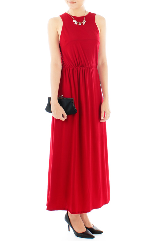 Oxford High Neck Maxi Dress in Crimson Red