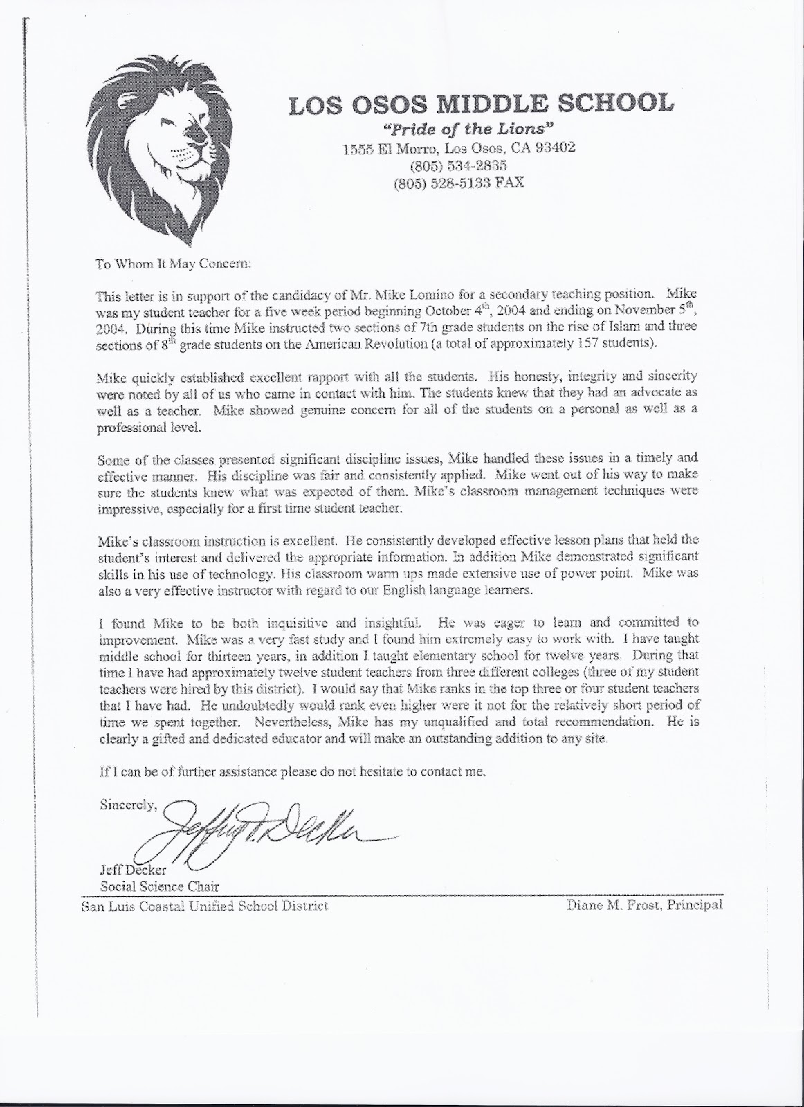 mr lomino letter of recommendation los osos middle school middle school letter of recommendation