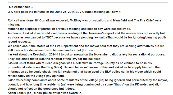 This is the 1st half of the 6/25/14 real Brady Lake Village council meeting minutes.