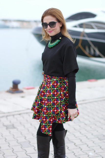 letthemstare.com, Let them stare bow skirt, over the knee boots, colorful skater skirt, Fashion and Cookies, fashion blogger