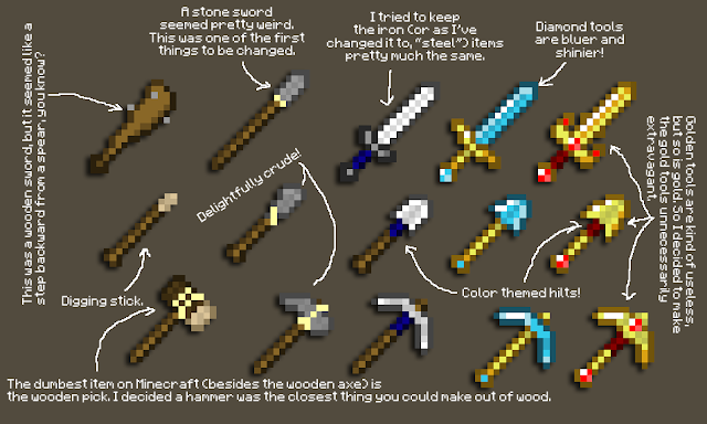 My gold sword and tool textures for my resource pack over time. I