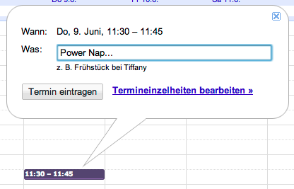 Ein Screenshot zeigt die Erstellung eines Termins in Google Kalender