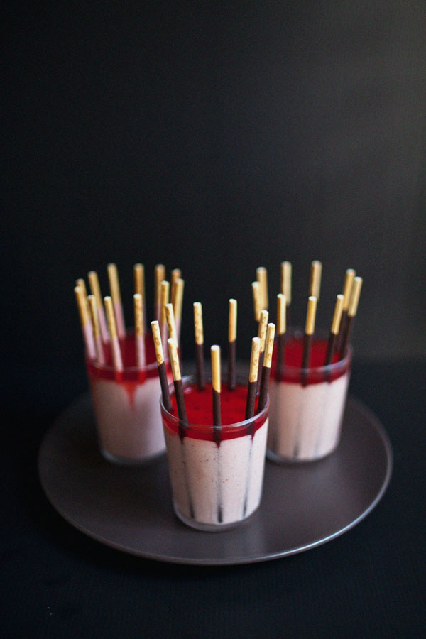 strawberry white chocolate mousse with pocky chocolate cage and that gotye song...