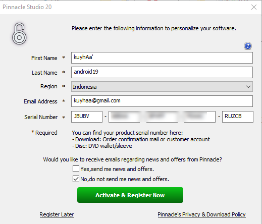 serial key for pinnacle studio 20