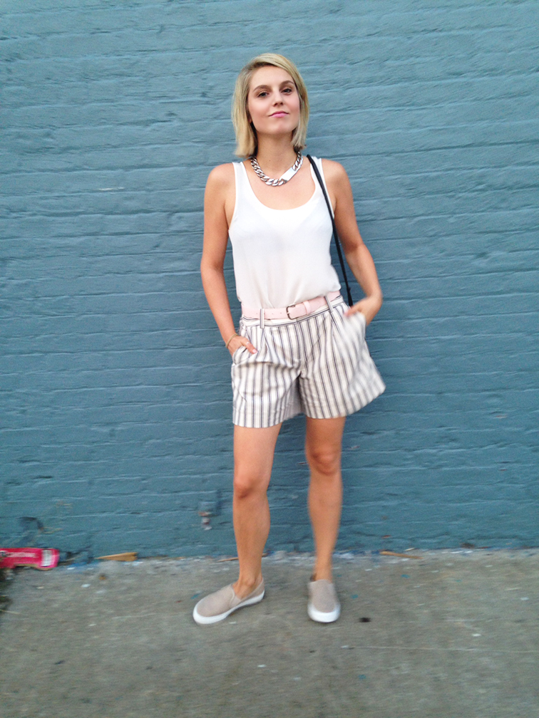 H&m white silk tank, Ann Taylor striped bermuda shorts, nude pink Gap slip-on sneakers, blue brick wall in Brooklyn H&m white silk tank, Ann Taylor striped bermuda shorts, nude pink Gap slip-on sneakers, blue brick wall in Brooklyn
