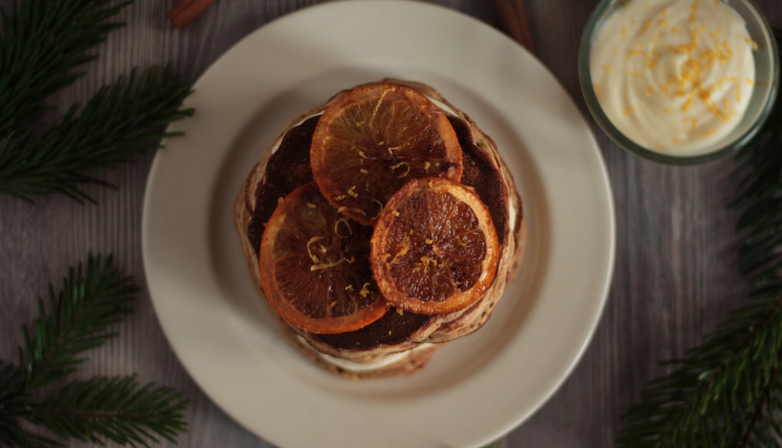 Christmas Orange and Cinnamon Pancakes with White Chocolate Yoghurt Cream and Lemon Zest - recipe brought to you by Pancake Stories.