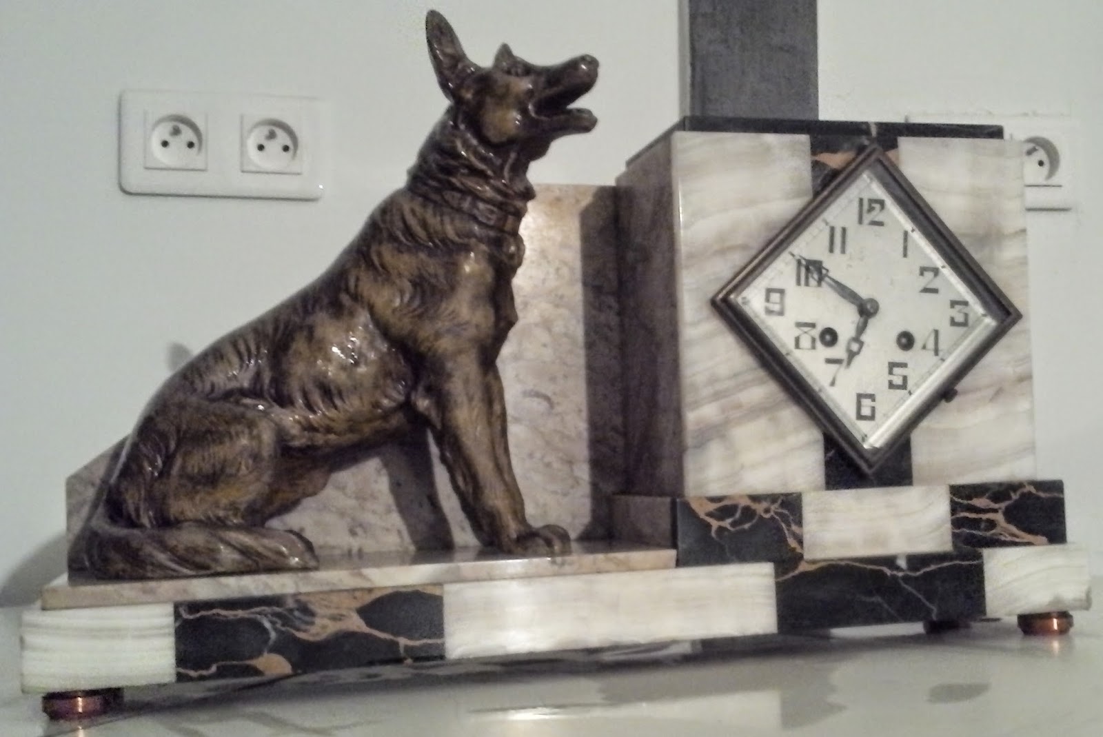 antique french marble clock dog statue Modernist art deco fireplace