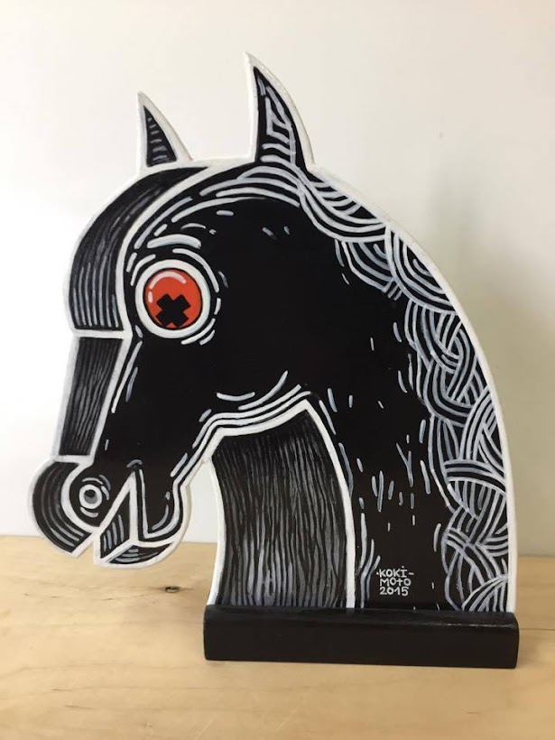 Irritant black horse head, 2016. One of a kind wooden figure, acrylic paint. Private collection