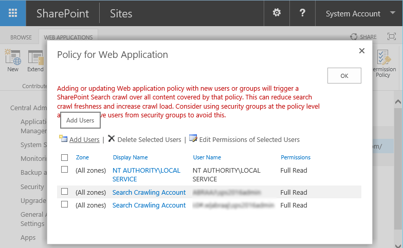 web application user policy sharepoint 2016