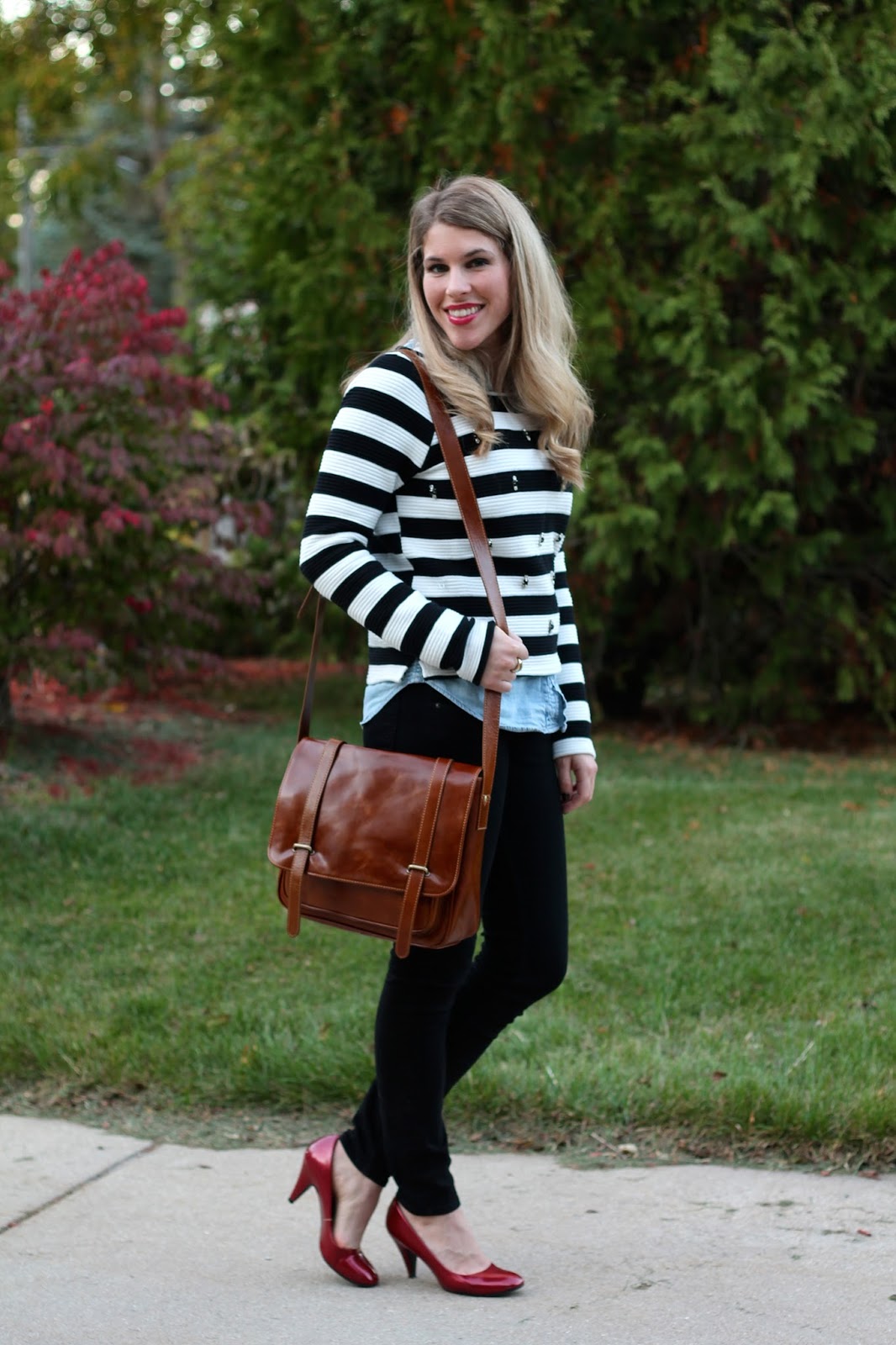 I do deClaire Confident Twosday Striped Top and Red Heels