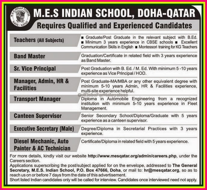MES Indian School Job Vacancies for Doha Qatar Gulf Jobs for Malayalees