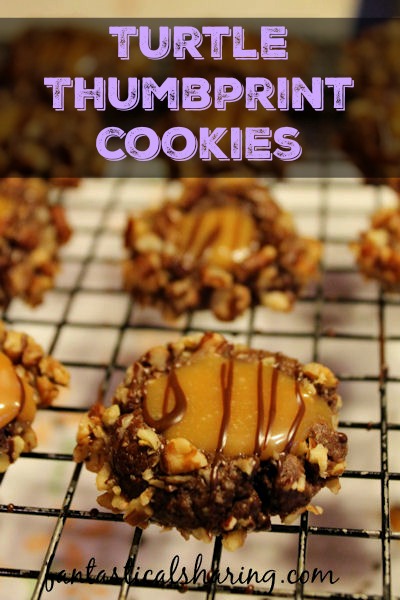 Turtle Thumbprint Cookies | Chocolate shortbreadesque cookies rolled in pecans with a caramel filling and chocolate drizzle #cookies #dessert #recipe #turtle