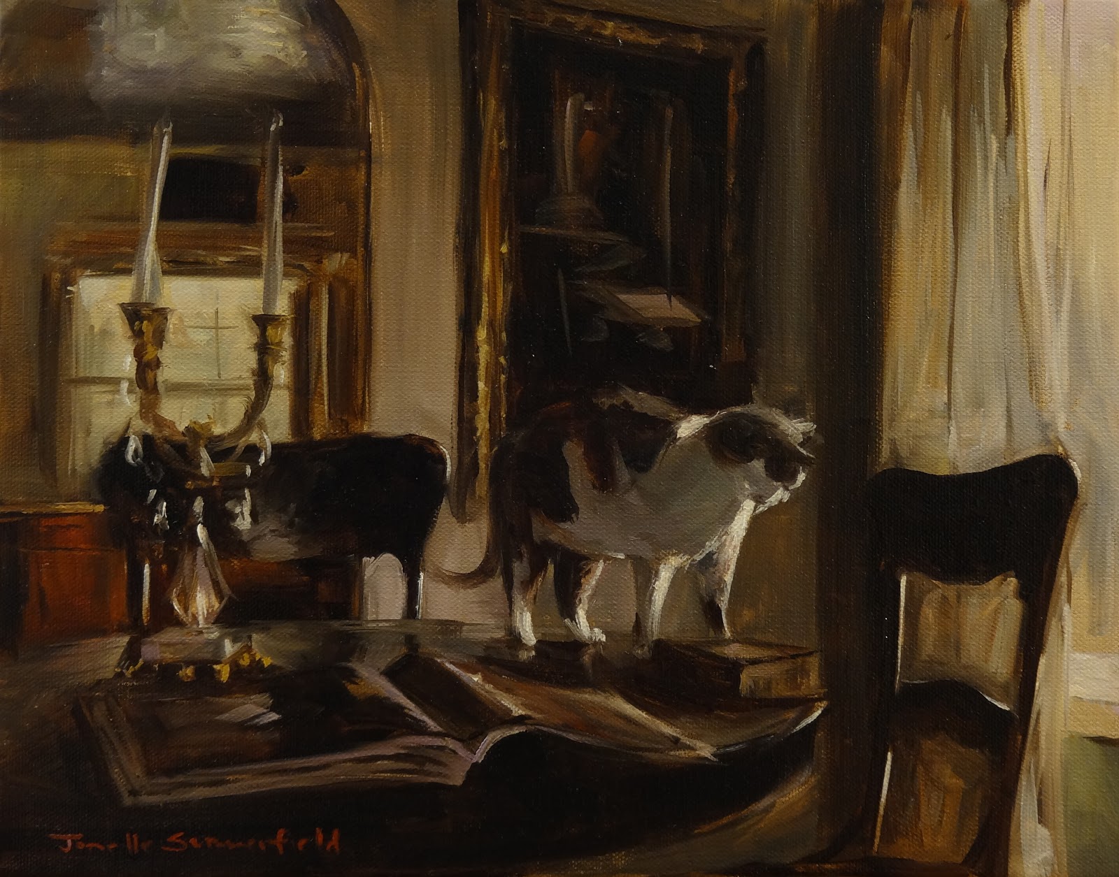 Jonelle Summerfield Oil Paintings Dining Room Table With Cat And Books This Is A Painting Of My Cat Oliver On Messy Dining Room Table He Isn T Sure If Wants To Sit Down Jump Onto The Chair Or Look Out Window