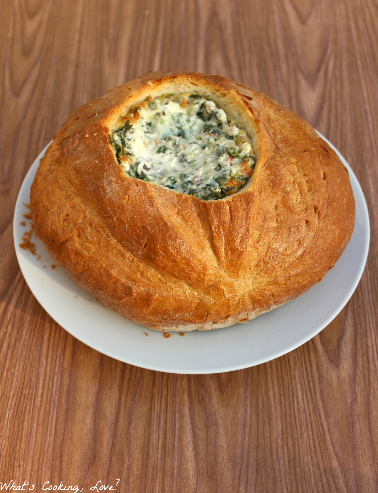 Spinach Bacon Dip in a Bread Bowl and Tyson Foods Bacon Pieces 