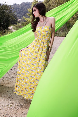 YELLOW MULTI HONEYCOMB STRAPLESS MAXI LONG DRESS