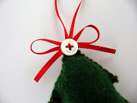 Sewing a button to a felt Christmas tree decoration Sewing a button to a felt Christmas tree decoration