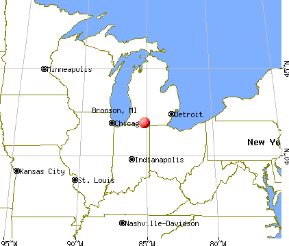Bronson liegt so ziemlich in der Mitte von Detroit und Chicago (je 150 ...