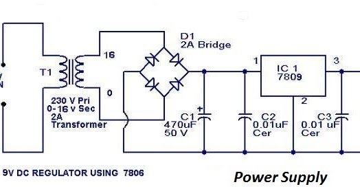 Phone Area: Circuit diagram of 9 volt regulated power supply using 7809