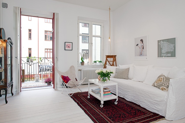 Estudio nórdico luminoso y femenino estilo nordico, nordic style living