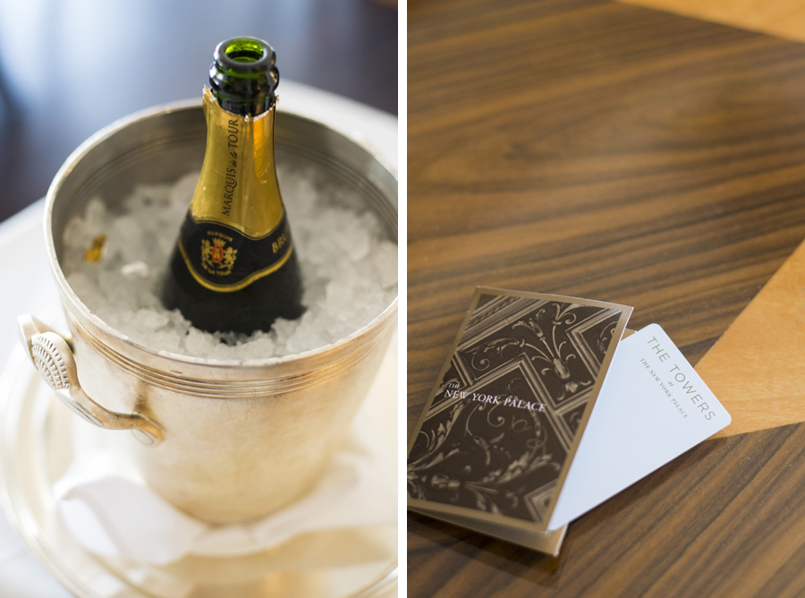 marquis de la tour champagne in silver ornate ice bucket, close up of new york palace hotel room key