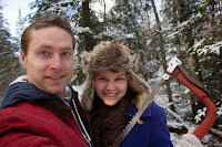 The romantic walk through snowy woods