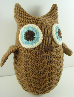 knit owl brown tan blue toy stuffed