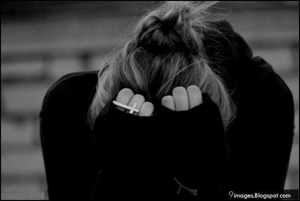 Sad, crying, girl, alone, black-and-white