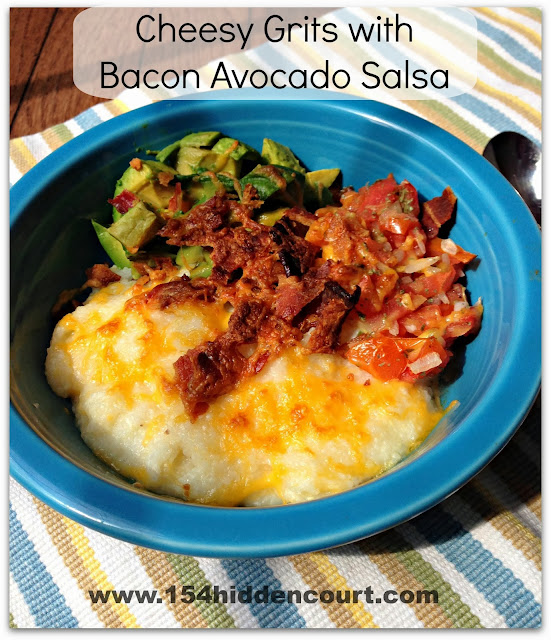 154 Hidden Court Cheesy grits with bacon avocado salsa.