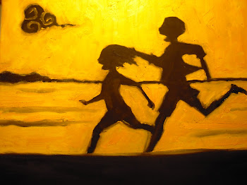 Kids running along the Mekong river's banks. Oil on canvas.