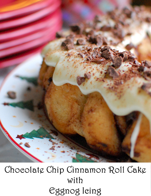 Chocolate Chip Cinnamon Roll Cake with Eggnog Icing