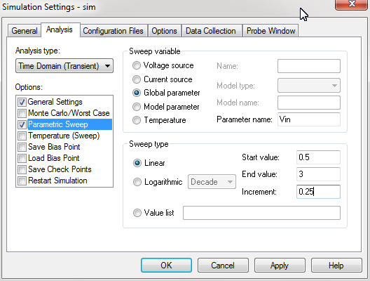 Simulation setting for voltage parameter sweep Simulation setting for voltage parameter sweep