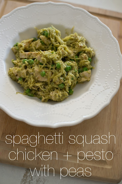 Spaghetti squash chicken and pesto with peas--using spaghetti squash for pasta