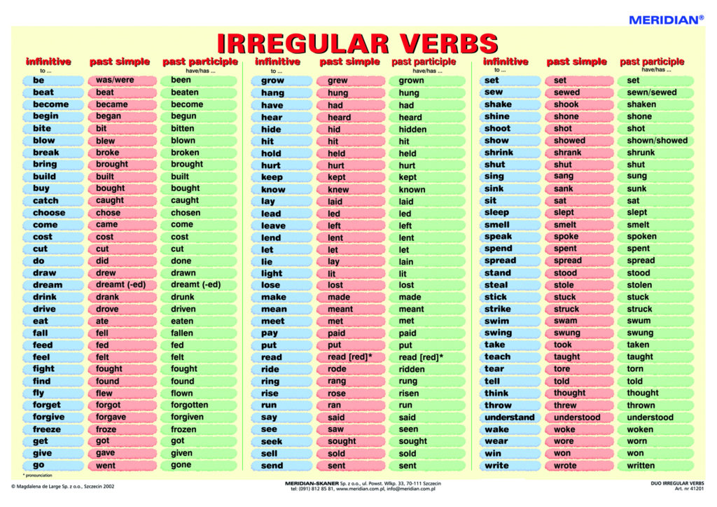 irregular verb list printable