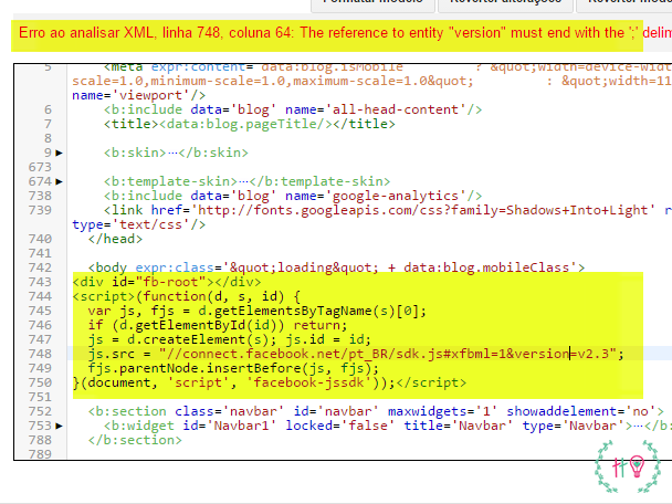 Erro ao adicionar a LikeBox The reference to entity "version" must end with the ';' delimiter.