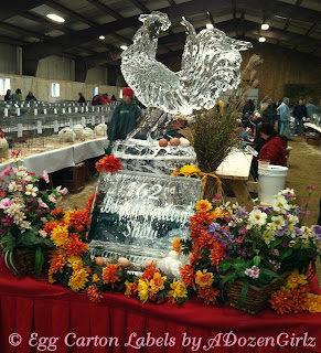 We were greeted by this beautiful, rooster ice sculpture, which became something of an altar to the Power of Poultry, as eggs laid throughout the show were placed reverently upon it. We were greeted by this beautiful, rooster ice sculpture, which became something of an altar to the Power of Poultry, as eggs laid throughout the show were placed reverently upon it.