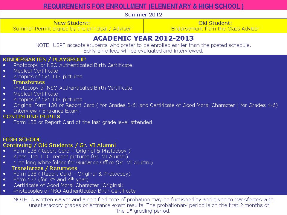 USPian Alumni Newsletter USPF Schedule of Enrollment and Classes for