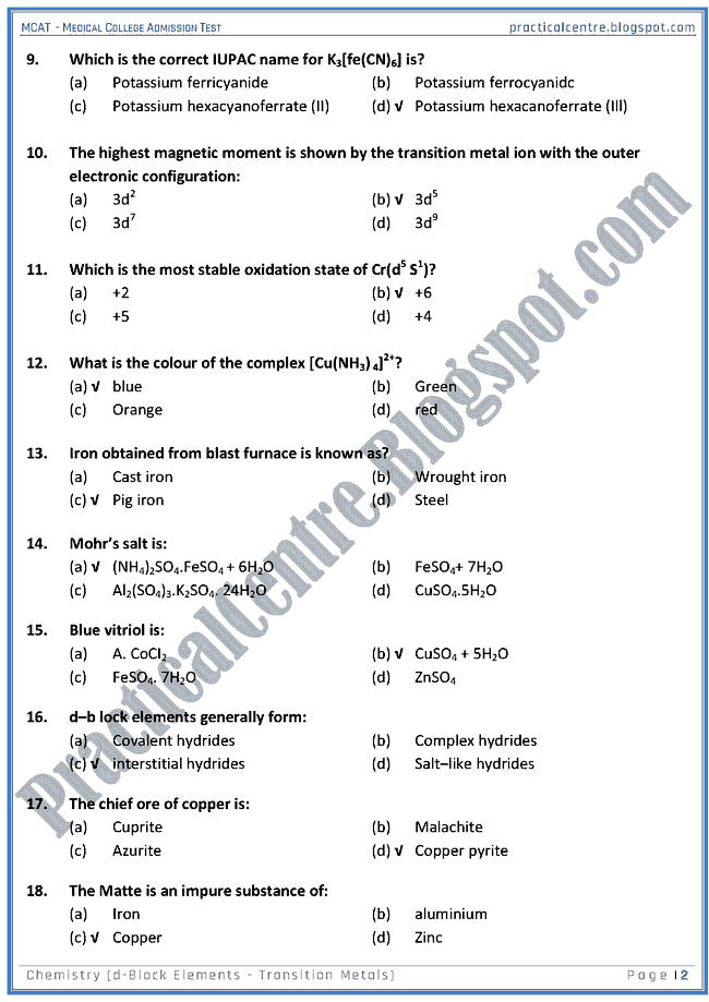 mcat-chemistry-d-block-elements---transition-metals-mcqs-for-medical-college-admission-test