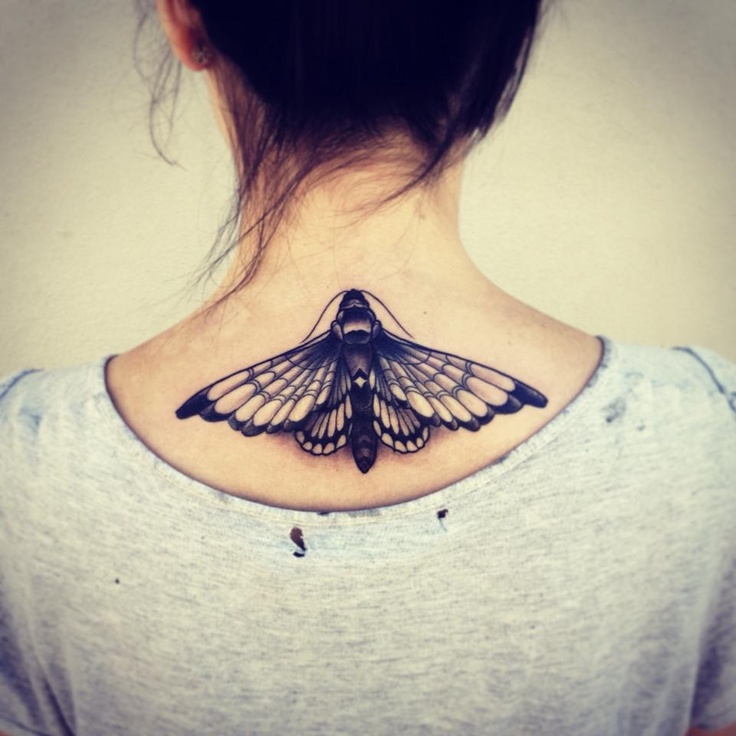 Majestic 3D butterfly tattoo on back neck