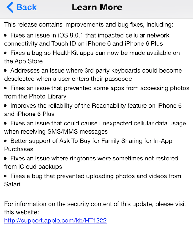 Apple iOS 8.0.2 (12A405) Firmware Features and Changes Apple iOS 8.0.2 (12A405) Firmware Features and Changes