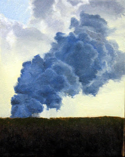 Katherine Kean, Laze, original oil painting, Hawaii, volcano art, steam, clouds, blue, yellow, atmospheric, sunset, contemporary, small