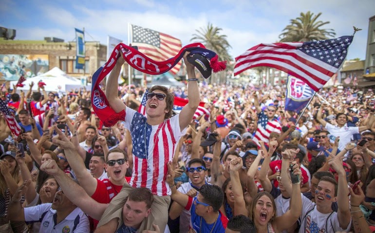 USA fans cheering on soccer team at World Cup