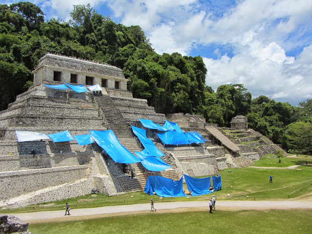 View of the Temple of Inscriptions from El Palacio at Palenque in Mexico