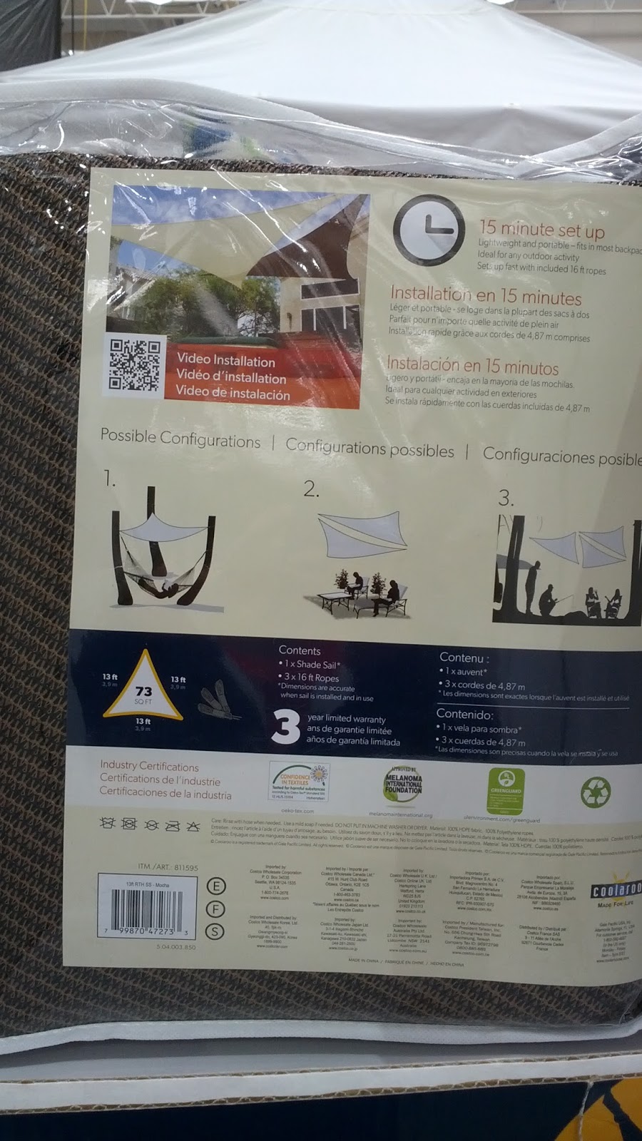 Gale Pacific Coolaroo Shade Sail (13 ft Triangle) Costco Weekender