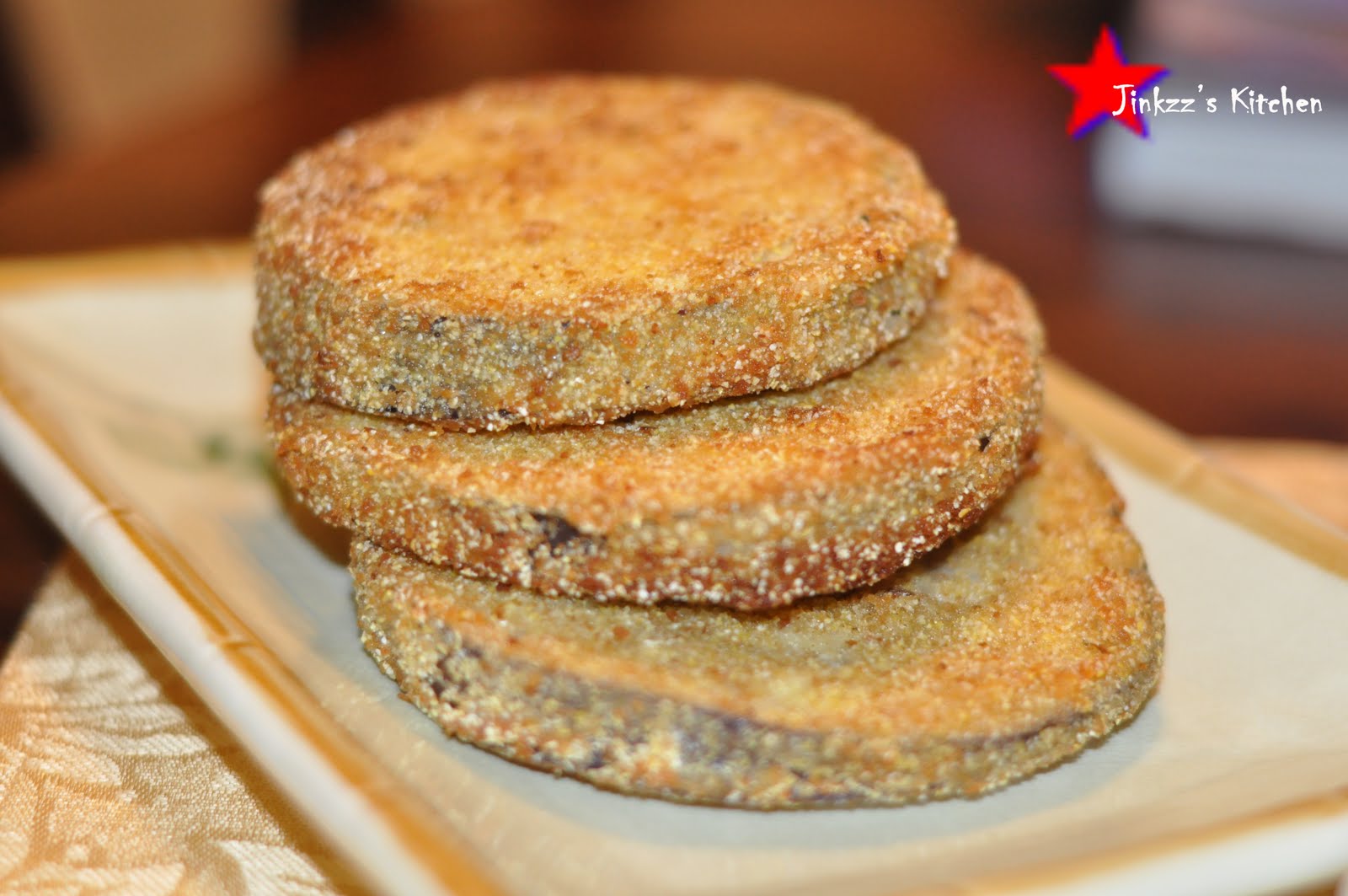 to Jinkzz's Kitchen Fried Aubergine Topped with Hummus and