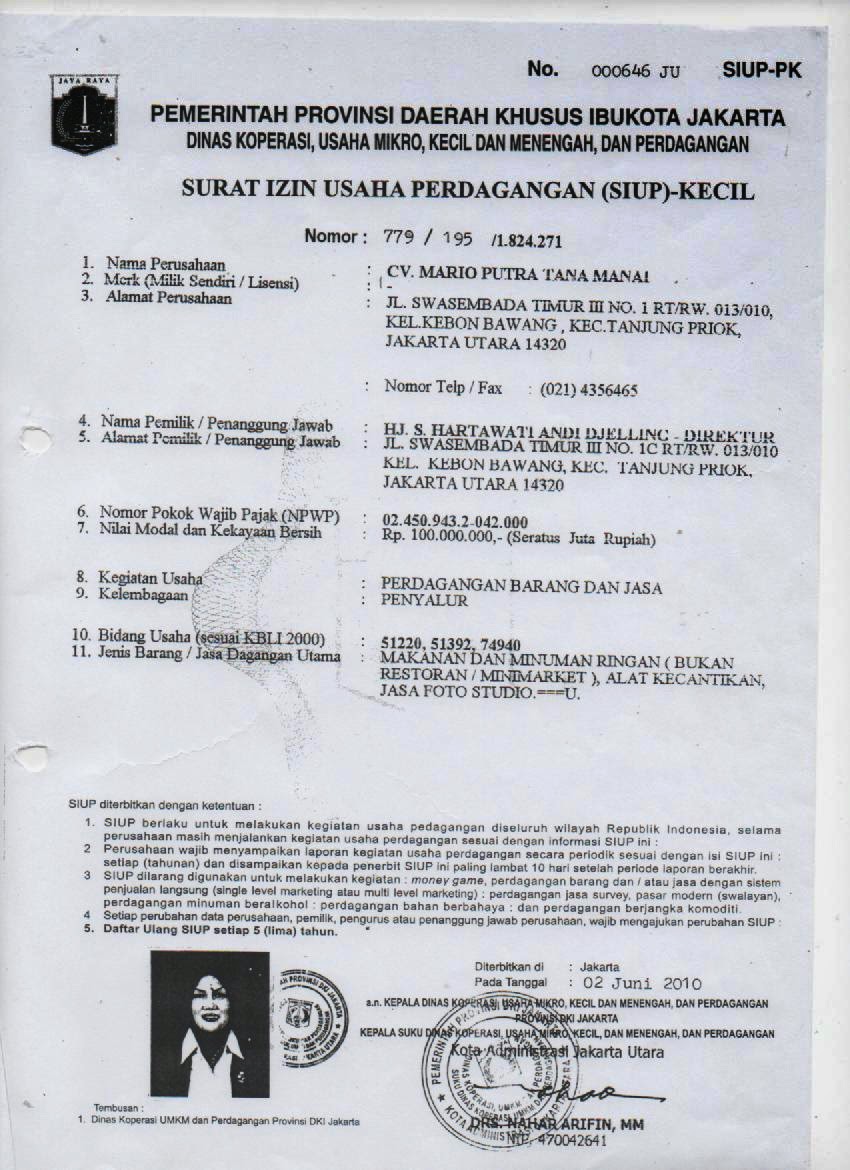 Contoh Perizinan Pemda Surat Izin Usaha Perdagangan SIUP