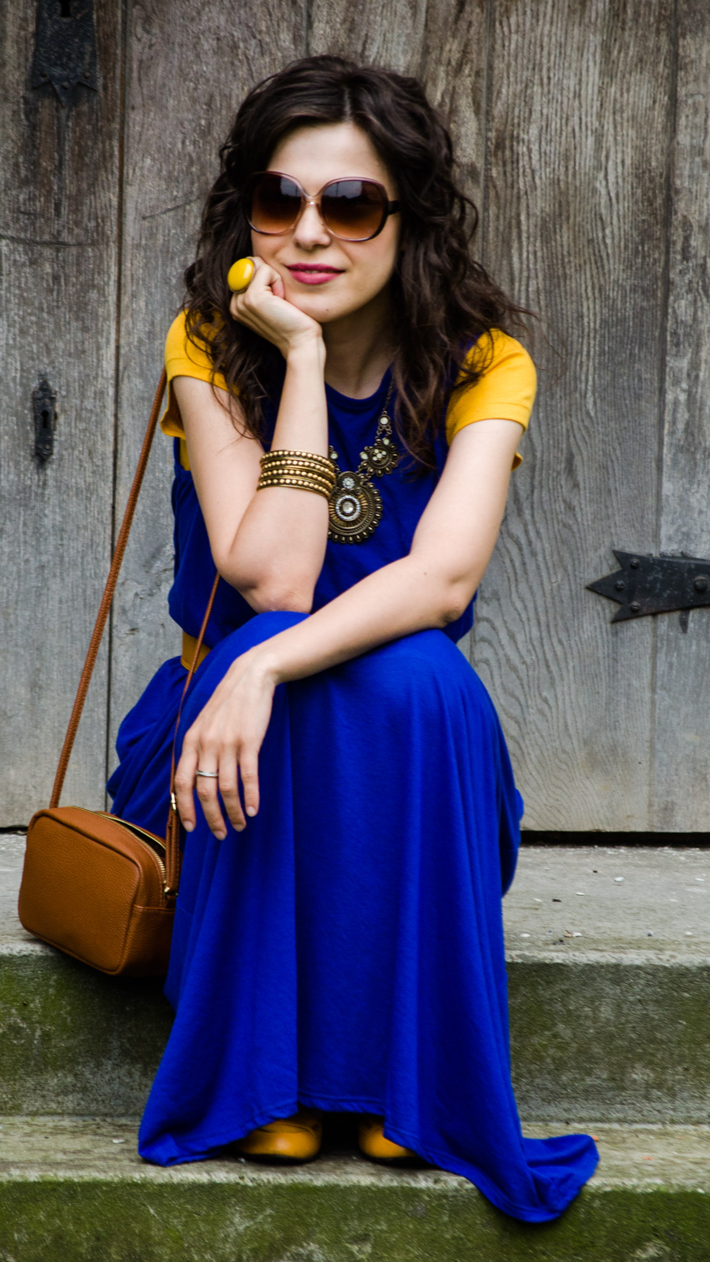 maxi dress cobalt blue mustard flats H&M belt sighisoara