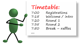 green stickman holding up the timetable for a quiz, starting at 7pm, with 15 minutes for each round